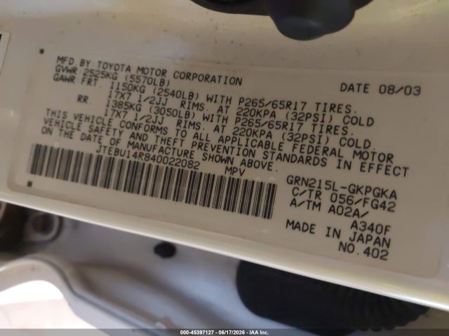 Aukcja sprzedaży 2004 Toyota 4runner Sr5 V6, vin: JTEBU14R840022082, numer aukcji: 45397127