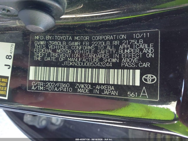 Aukcja sprzedaży 2011 Toyota Prius Two, vin: JTDKN3DU0B5343244, numer aukcji: 45397138