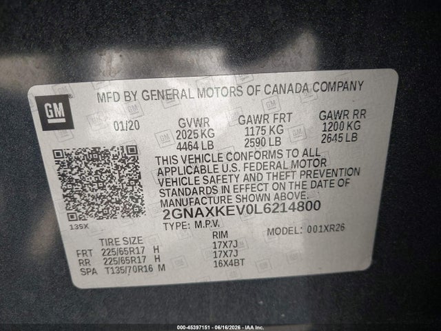 Auction sale of the 2020 Chevrolet Equinox Fwd Lt 1.5l Turbo, vin: 2GNAXKEV0L6214800, lot number: 45397151