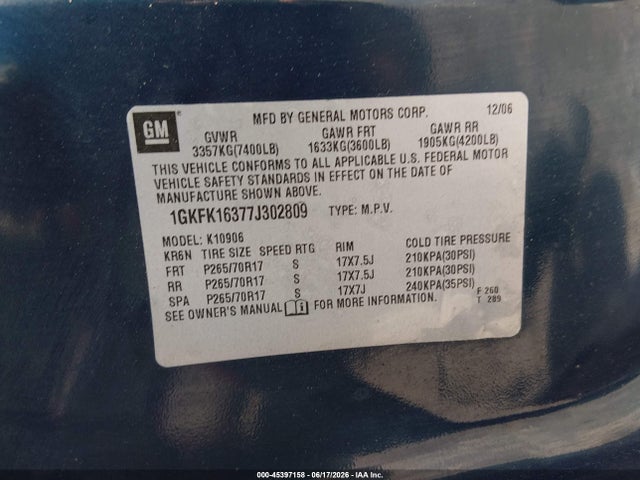 2007 Gmc Yukon Xl Slt მანქანა იყიდება აუქციონზე, vin: 1GKFK16377J302809, აუქციონის ნომერი: 45397158