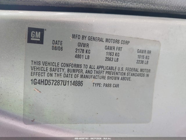 Aukcja sprzedaży 2007 Buick Lucerne Cxl, vin: 1G4HD57287U114886, numer aukcji: 45397161