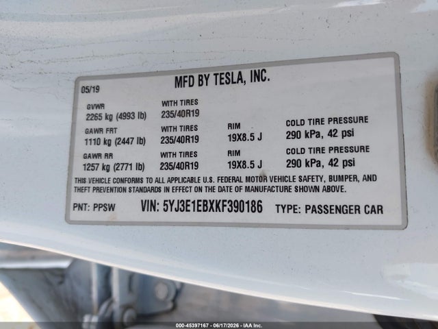 Auction sale of the 2019 Tesla Model 3 Long Range/performance, vin: 5YJ3E1EBXKF390186, lot number: 45397167
