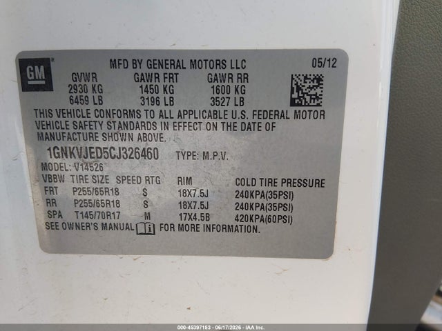 Продажа на аукционе авто 2012 Chevrolet Traverse Lt W/2lt, vin: 1GNKVJED5CJ326460, номер лота: 45397183
