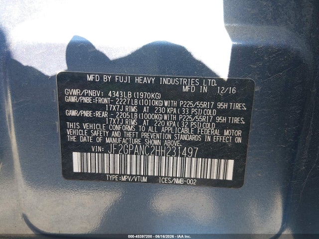 Aukcja sprzedaży 2017 Subaru Crosstrek 2.0i Limited, vin: JF2GPANC2HH231497, numer aukcji: 45397200
