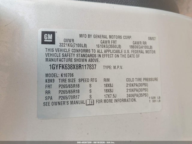 2008 Cadillac Escalade Standard მანქანა იყიდება აუქციონზე, vin: 1GYFK638X8R117837, აუქციონის ნომერი: 45397209