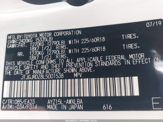 Lexus NX 300H 2020 JTJGJRDZ8L5001538 Image 9