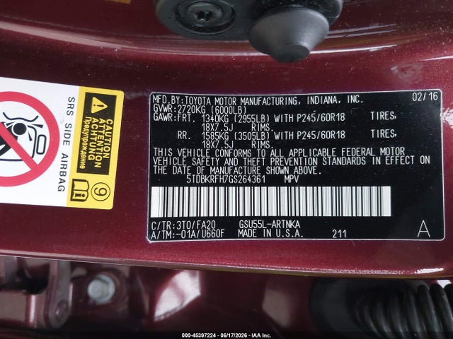 Toyota Highlander Le Plus V6 2016 5TDBKRFH7GS264361 Image 9