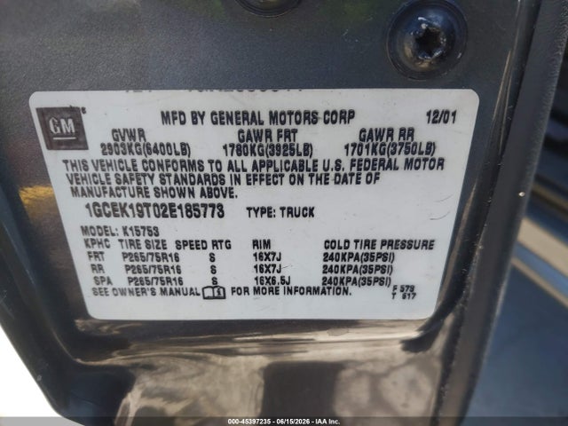 2002 Chevrolet Silverado 1500 Ls მანქანა იყიდება აუქციონზე, vin: 1GCEK19T02E185773, აუქციონის ნომერი: 45397235