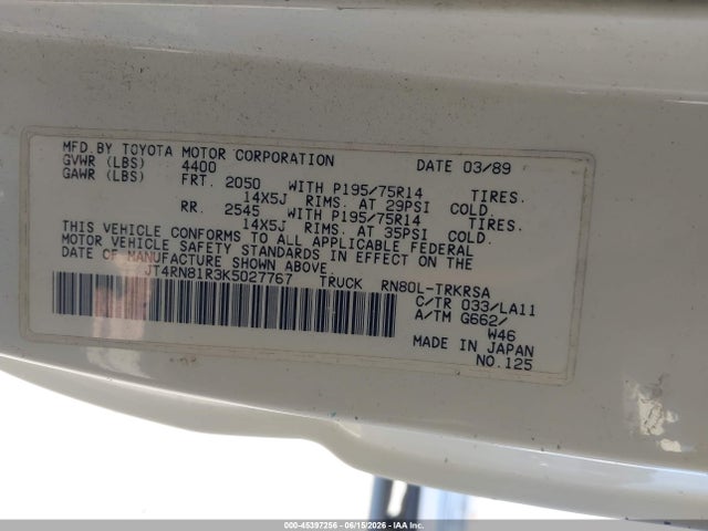 Aukcja sprzedaży 1989 Toyota Pickup 1/2 Ton Short Wheelbase, vin: JT4RN81R3K5027767, numer aukcji: 45397256