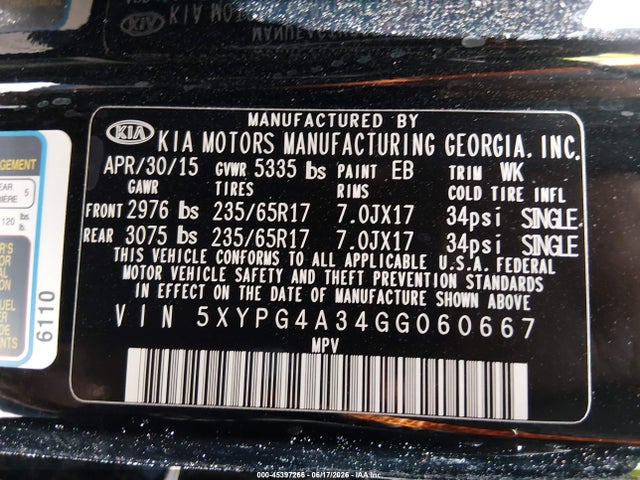 KIA Sorento 2.4l Lx 2016 5XYPG4A34GG060667 Image 9