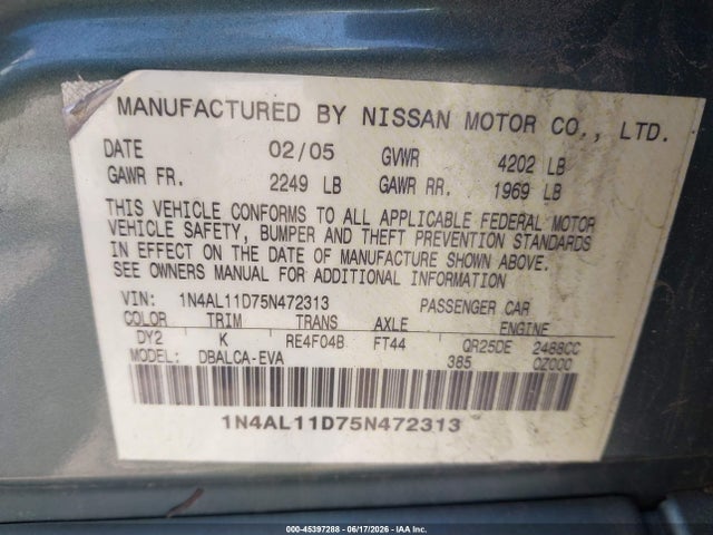 Aukcja sprzedaży 2005 Nissan Altima 2.5 S, vin: 1N4AL11D75N472313, numer aukcji: 45397288