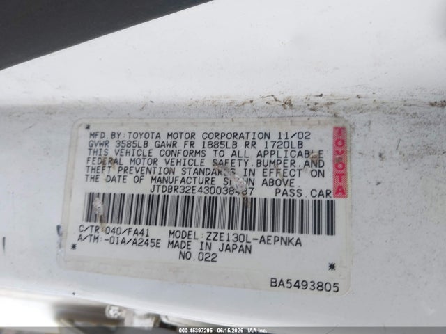 Продажа на аукционе авто 2003 Toyota Corolla Le, vin: JTDBR32E430038487, номер лота: 45397295