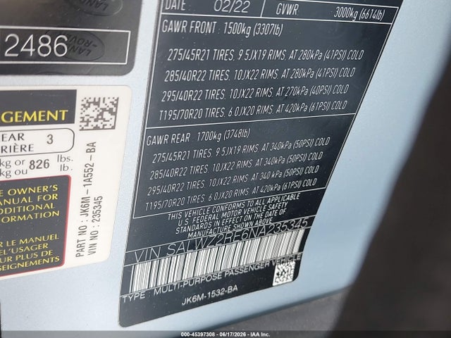 Продажа на аукционе авто 2022 Land Rover Range Rover Sport Svr/svr Carbon Edition, vin: SALWZ2RE6NA235345, номер лота: 45397308