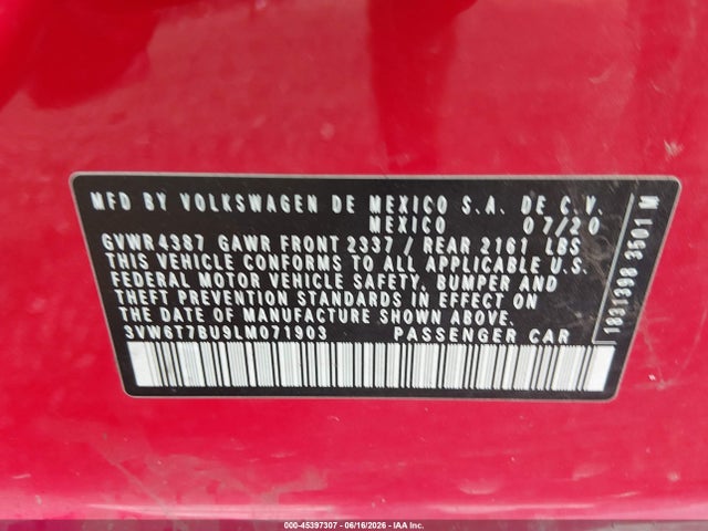 2020 Volkswagen Jetta Gli 2.0t Autobahn/2.0t S მანქანა იყიდება აუქციონზე, vin: 3VW6T7BU9LM071903, აუქციონის ნომერი: 45397307