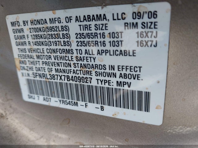 Auction sale of the 2007 Honda Odyssey Ex-l, vin: 5FNRL387X7B409927, lot number: 45397310