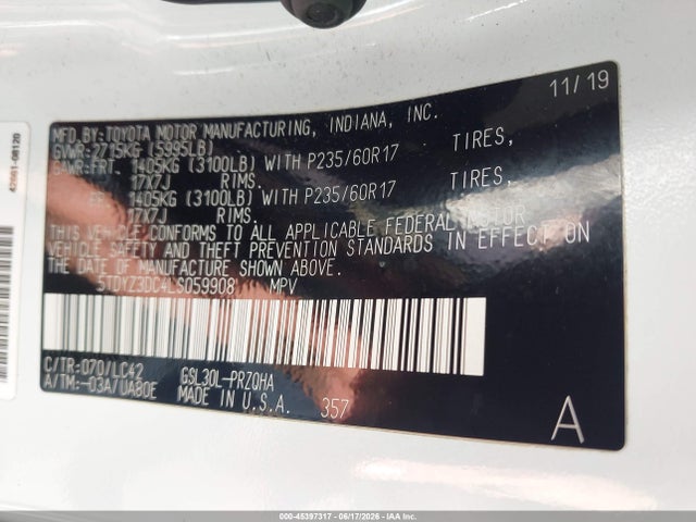 2020 Toyota Sienna Xle Premium მანქანა იყიდება აუქციონზე, vin: 5TDYZ3DC4LS059908, აუქციონის ნომერი: 45397317