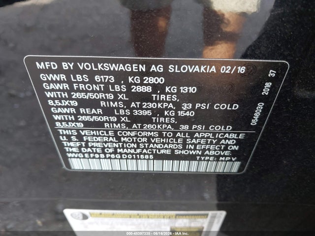 Aukcja sprzedaży 2016 Volkswagen Touareg Vr6 Lux, vin: WVGEF9BP6GD011585, numer aukcji: 45397335
