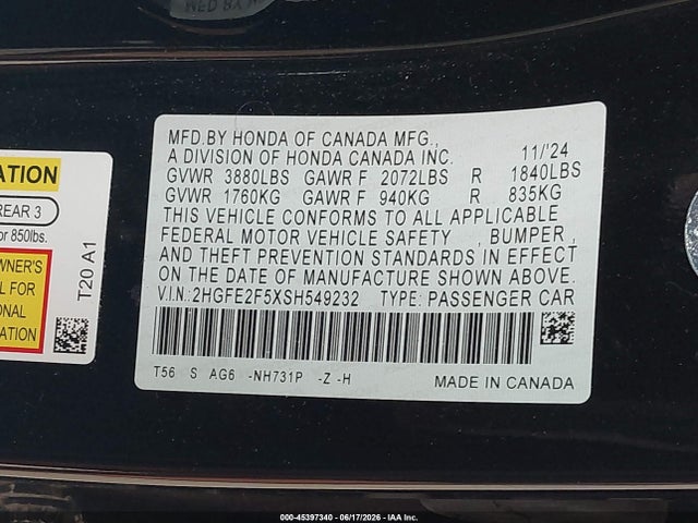 Honda Civic Sport 2025 2HGFE2F5XSH549232 Image 9