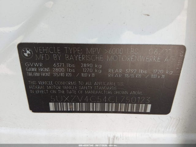 45397345 :رقم المزاد ، 5UXZV4C54CL750123 vin ، 2012 Bmw X5 Xdrive35i/xdrive35i Premium/xdrive35i Sport Activity مزاد بيع
