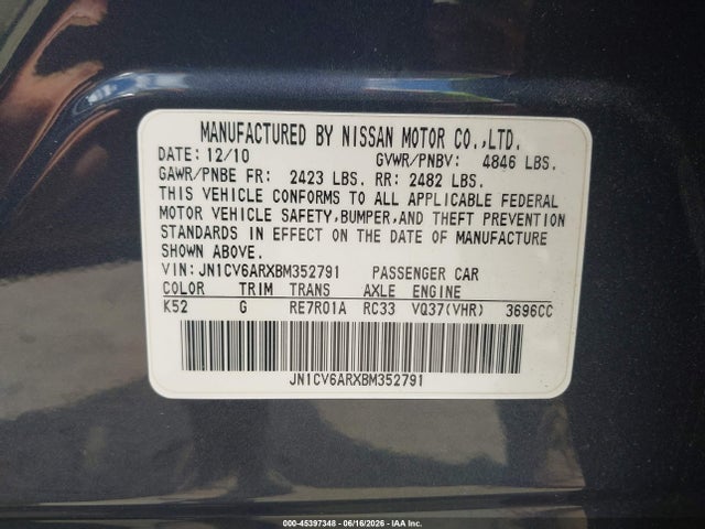Продаж на аукціоні авто 2011 Infiniti G37x, vin: JN1CV6ARXBM352791, номер лоту: 45397348