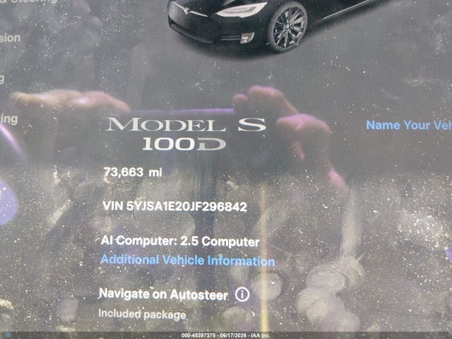2018 Tesla Model S 100d/75d/p100d მანქანა იყიდება აუქციონზე, vin: 5YJSA1E20JF296842, აუქციონის ნომერი: 45397375