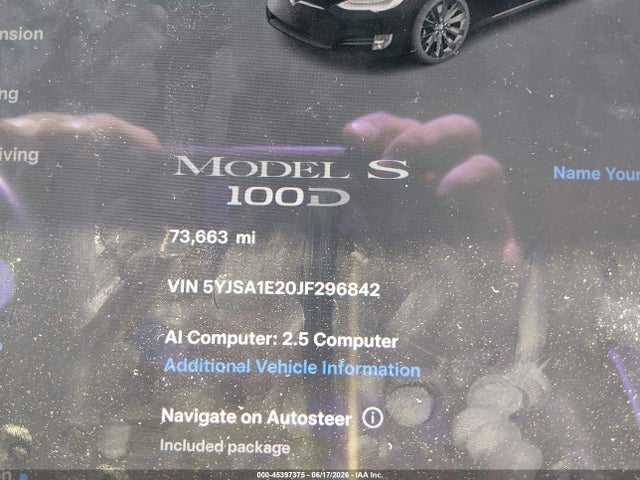 2018 Tesla Model S 100d/75d/p100d მანქანა იყიდება აუქციონზე, vin: 5YJSA1E20JF296842, აუქციონის ნომერი: 45397375