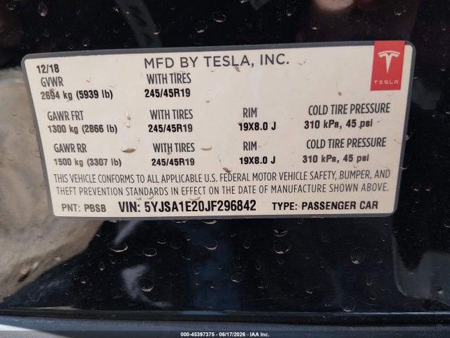 2018 Tesla Model S 100d/75d/p100d მანქანა იყიდება აუქციონზე, vin: 5YJSA1E20JF296842, აუქციონის ნომერი: 45397375