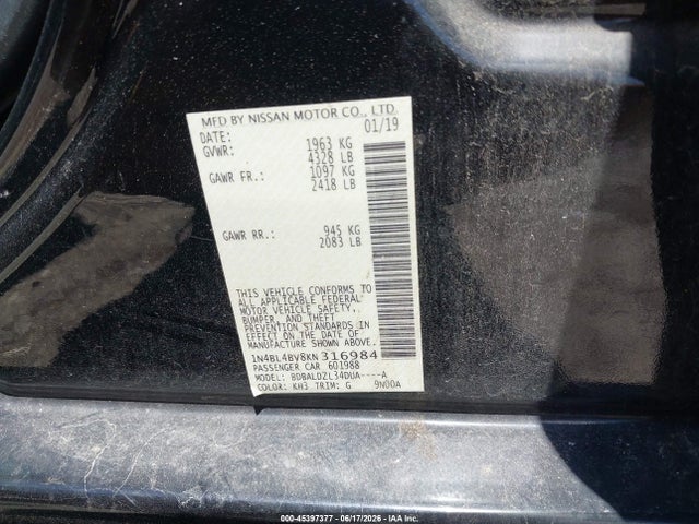 Aukcja sprzedaży 2019 Nissan Altima 2.5 S, vin: 1N4BL4BV8KN316984, numer aukcji: 45397377