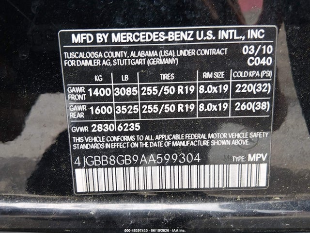 2010 Mercedes-benz Ml 350 4matic მანქანა იყიდება აუქციონზე, vin: 4JGBB8GB9AA599304, აუქციონის ნომერი: 45397430