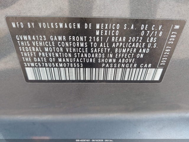 Продаж на аукціоні авто 2019 Volkswagen Jetta 1.4t R-line/1.4t S/1.4t Se, vin: 3VWC57BU5KM078553, номер лоту: 45397451