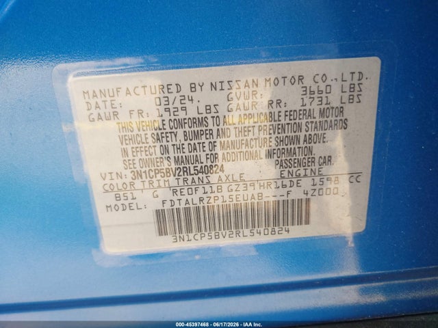 45397468 :رقم المزاد ، 3N1CP5BV2RL540824 vin ، 2024 Nissan Kicks S Xtronic Cvt مزاد بيع