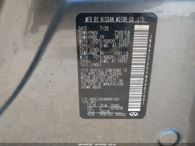 2021 Infiniti Qx80 Luxe მანქანა იყიდება აუქციონზე, vin: JN8AZ2AD4M9861081, აუქციონის ნომერი: 45397487
