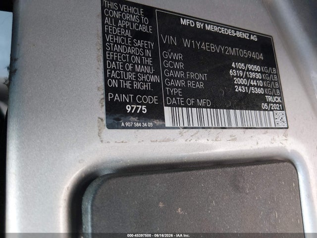 Aukcja sprzedaży 2021 Mercedes-benz Sprinter 2500 Standard Roof V6, vin: W1Y4EBVY2MT059404, numer aukcji: 45397500