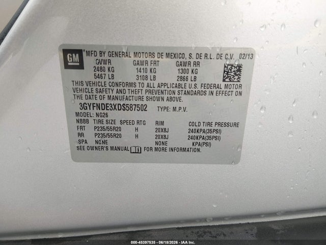 45397535 :رقم المزاد ، 3GYFNDE3XDS587502 vin ، 2013 Cadillac Srx Performance Collection مزاد بيع