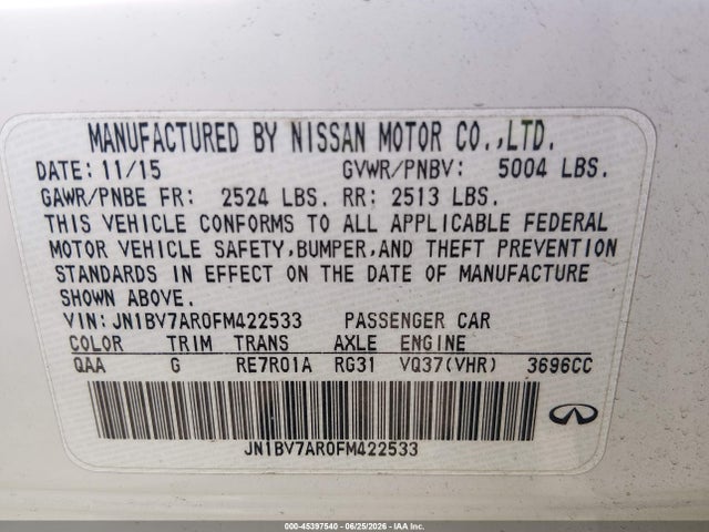 Продажа на аукционе авто 2015 Infiniti Q50 Premium, vin: JN1BV7AR0FM422533, номер лота: 45397540