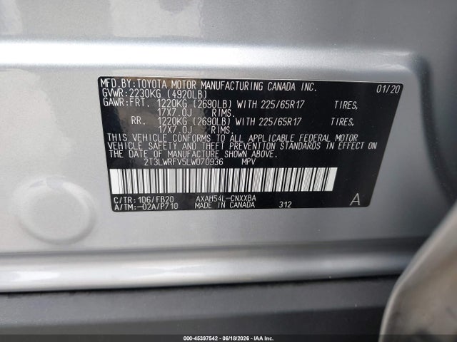 2T3LWRFV5LW070936 Toyota Rav4 Hybrid Le