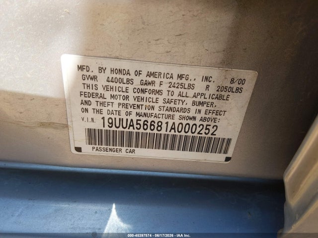 45397574 :رقم المزاد ، 19UUA56681A000252 vin ، 2001 Acura Tl 3.2 مزاد بيع