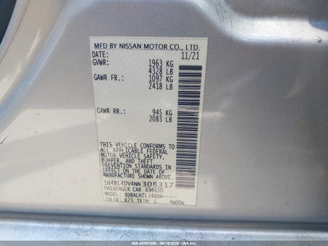 1N4BL4DV4NN308317 Nissan Altima Sv Fwd