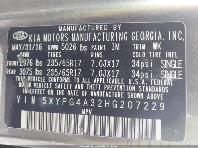 45397604 :رقم المزاد ، 5XYPG4A32HG207229 vin ، 2017 Kia Sorento 2.4l Lx مزاد بيع