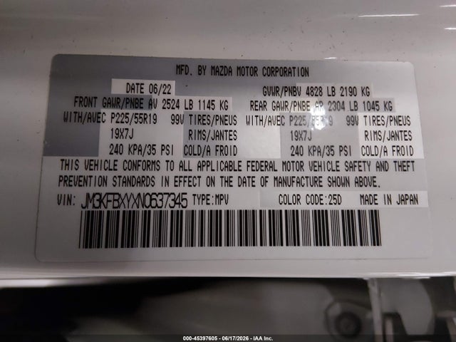 45397605 :رقم المزاد ، JM3KFBXYXN0637345 vin ، 2022 Mazda Cx-5 2.5 Turbo Signature مزاد بيع