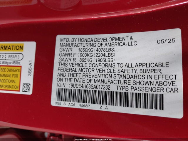 2025 Acura Integra A-spec Technology მანქანა იყიდება აუქციონზე, vin: 19UDE4H63SA017232, აუქციონის ნომერი: 45397632