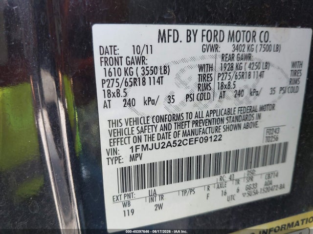 45397646 :رقم المزاد ، 1FMJU2A52CEF09122 vin ، 2012 Ford Expedition Limited مزاد بيع