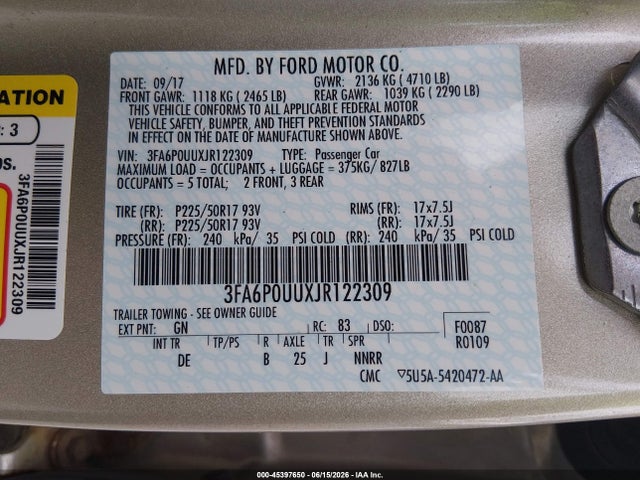 3FA6P0UUXJR122309 Ford Fusion Hybrid S