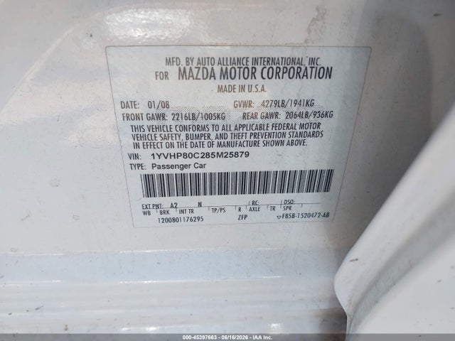 Aukcja sprzedaży 2008 Mazda Mazda6 I Sport Ve, vin: 1YVHP80C285M25879, numer aukcji: 45397663