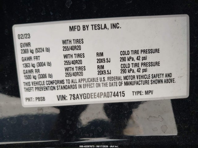 Aukcja sprzedaży 2023 Tesla Model Y Awd/long Range Dual Motor All-wheel Drive, vin: 7SAYGDEE4PA074415, numer aukcji: 45397673