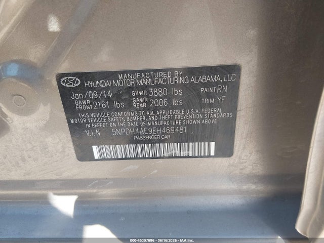 Aukcja sprzedaży 2014 Hyundai Elantra Limited, vin: 5NPDH4AE9EH469481, numer aukcji: 45397686