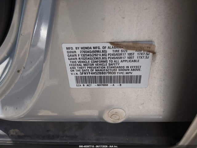 45397715 :رقم المزاد ، 5FNYF4H52BB079930 vin ، 2011 Honda Pilot Ex-l مزاد بيع