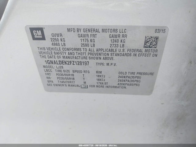 45397725 :رقم المزاد ، 1GNALDEK2FZ128197 vin ، 2015 Chevrolet Equinox Ltz مزاد بيع