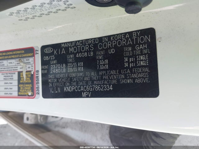 Продажа на аукционе авто 2016 Kia Sportage Ex, vin: KNDPCCAC6G7862334, номер лота: 45397734