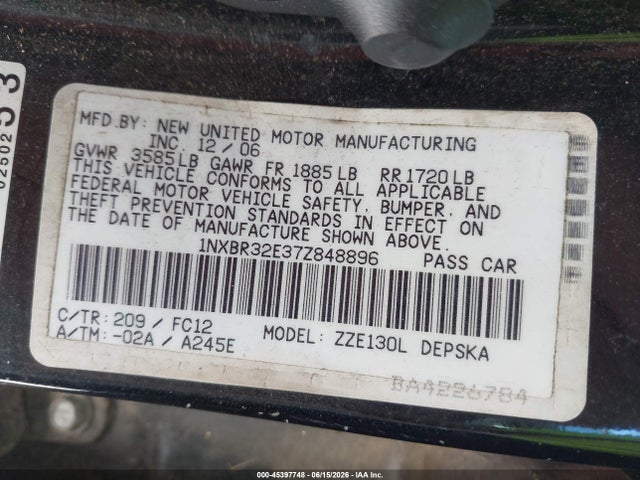 2007 Toyota Corolla S მანქანა იყიდება აუქციონზე, vin: 1NXBR32E37Z848896, აუქციონის ნომერი: 45397748